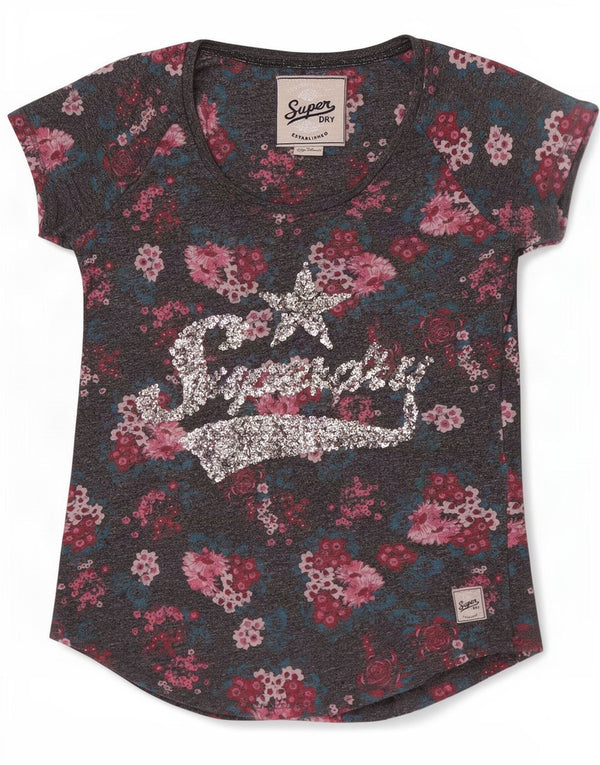 Женская футболка с рисунком Superdry Top UK 6 XS Серый хлопок с цветочным принтом