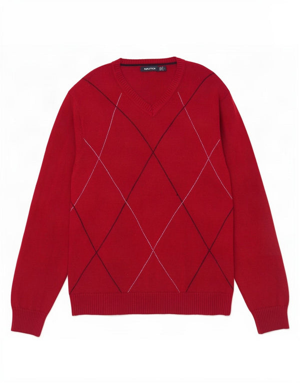 Nautica Mens V-Neck Jumper Sweater Large Red Argyle/Diamond Cotton