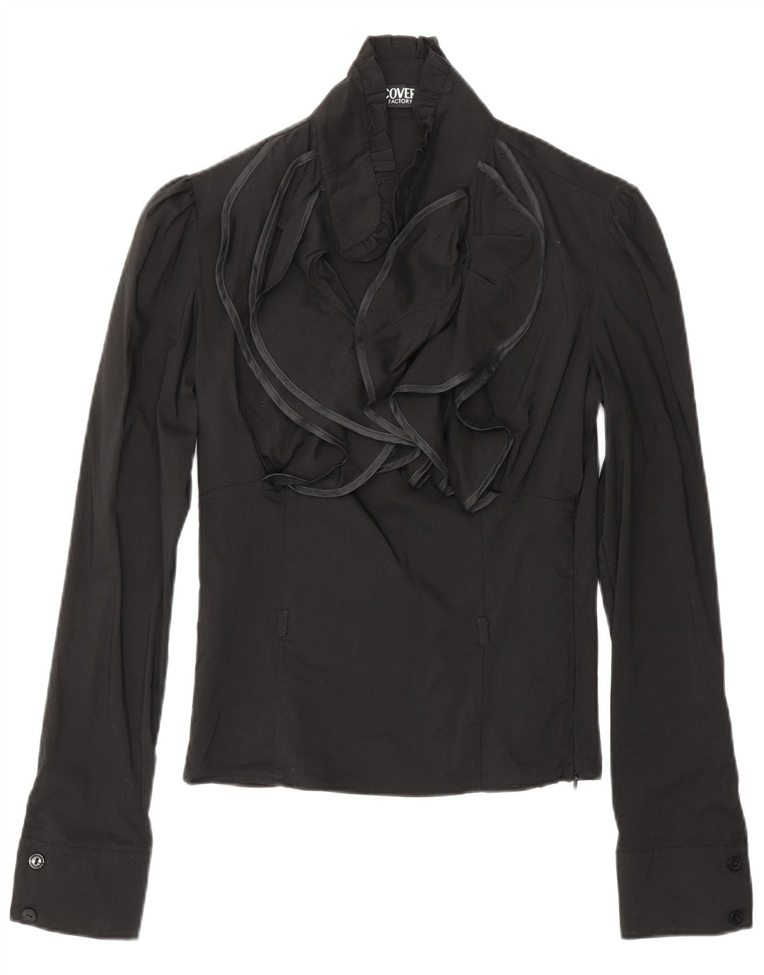 COVERI Женская блузка с оборками спереди и длинными рукавами, топ UK 10, маленький черный нейлон