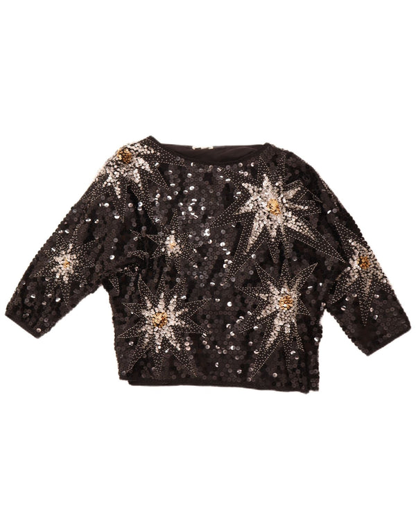 VINTAGE Womens Abstract Pattern 3/4 Sleeve Blouse Top EU 42 Large Black