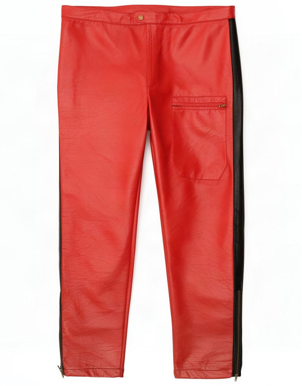 Vintage Mens Leather Trousers W40 L30 Red Colourblock