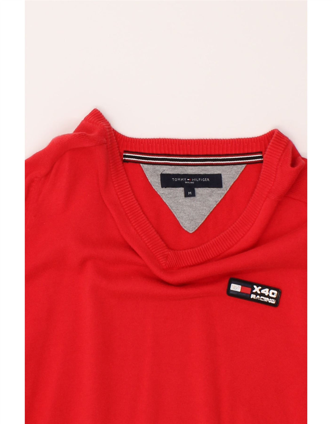 TOMMY HILFIGER Mens V-Neck Jumper Sweater Medium Red Cotton Vintage Tommy Hilfiger and Second-Hand Tommy Hilfiger from Messina Hembry 