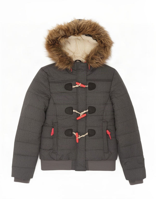 Женская утепленная куртка-бомбер с капюшоном Superdry UK 14, большой серый полиэстер