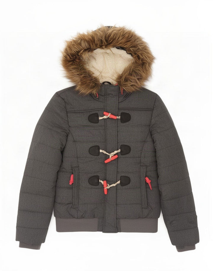 Женская утепленная куртка-бомбер с капюшоном Superdry UK 14, большой серый полиэстер