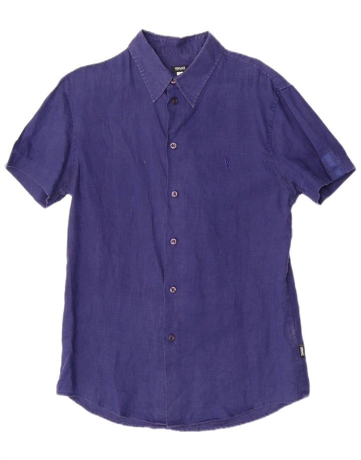 Versace Мужская рубашка с коротким рукавом, маленькая, темно-синяя, льняная