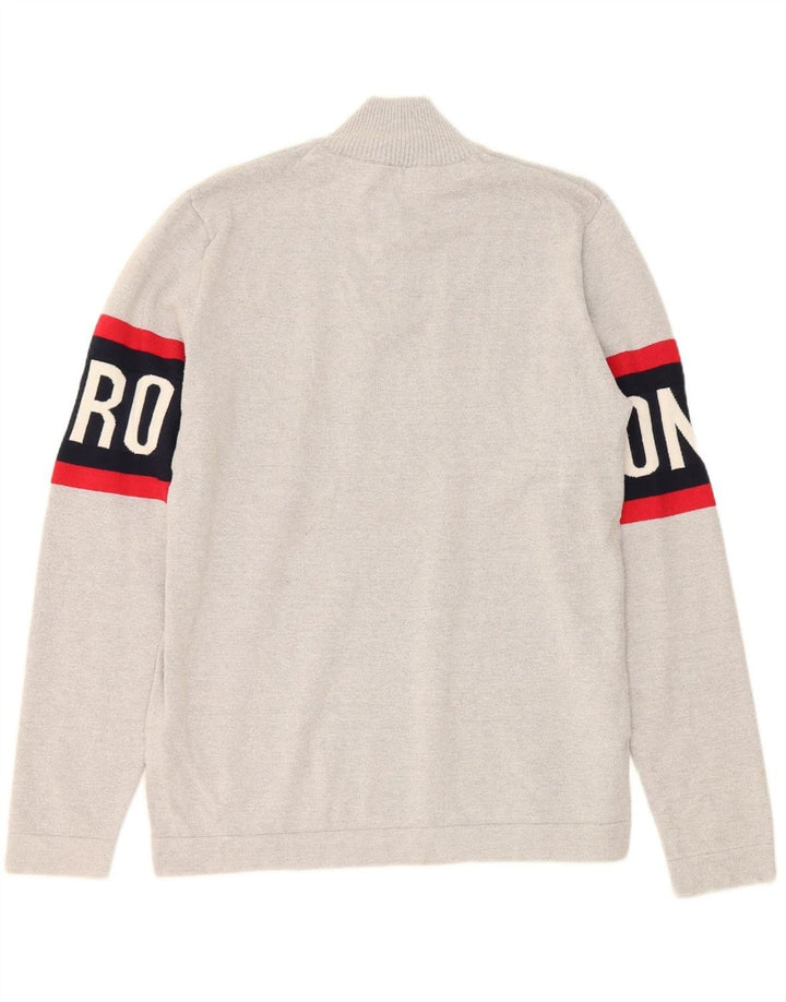 JACK & JONES Mens Graphic Zip Neck Jumper Sweater Large Grey Colourblock