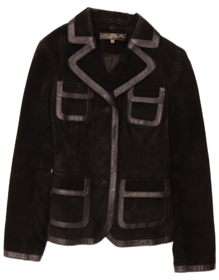 ВИНТАЖНАЯ Женская Замшевая Куртка UK 12 Средний Черный Кожаный