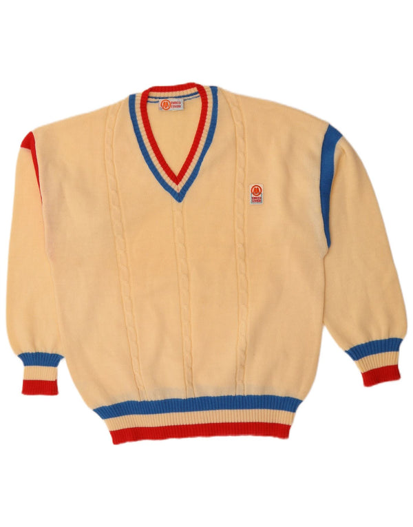 Мужской джемпер с v-образным вырезом Enrico Coveri UK 40, средний, белый с цветными блоками