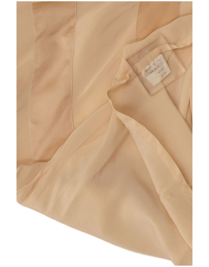 Винтажная женская блузка с длинным рукавом, топ, Великобритания, 14, большой, бежевый, шелковый с геометрическим рисунком