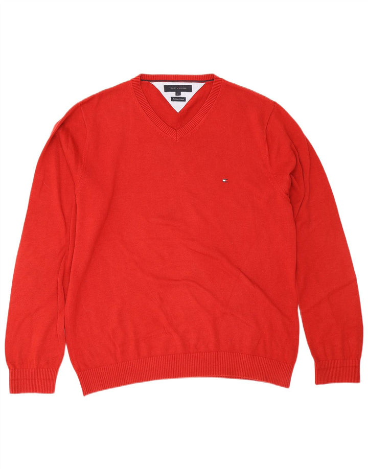 Tommy Hilfiger Мужской джемпер с v-образным вырезом, большой красный хлопковый свитер