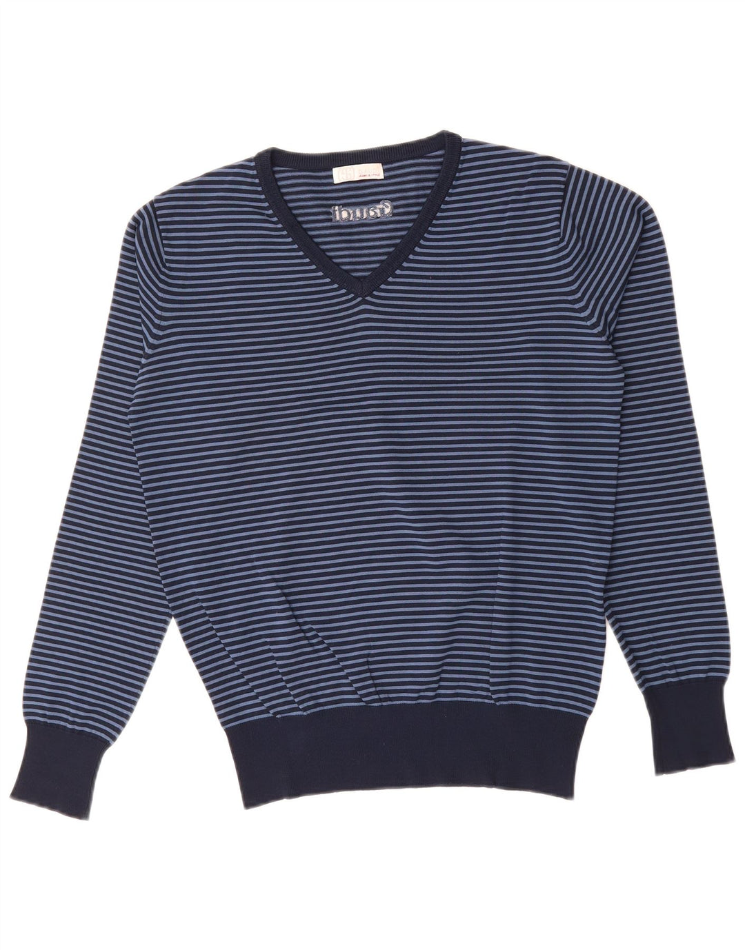 GAUDI Mens V-Neck Jumper Sweater Large Navy Blue Striped Viscose