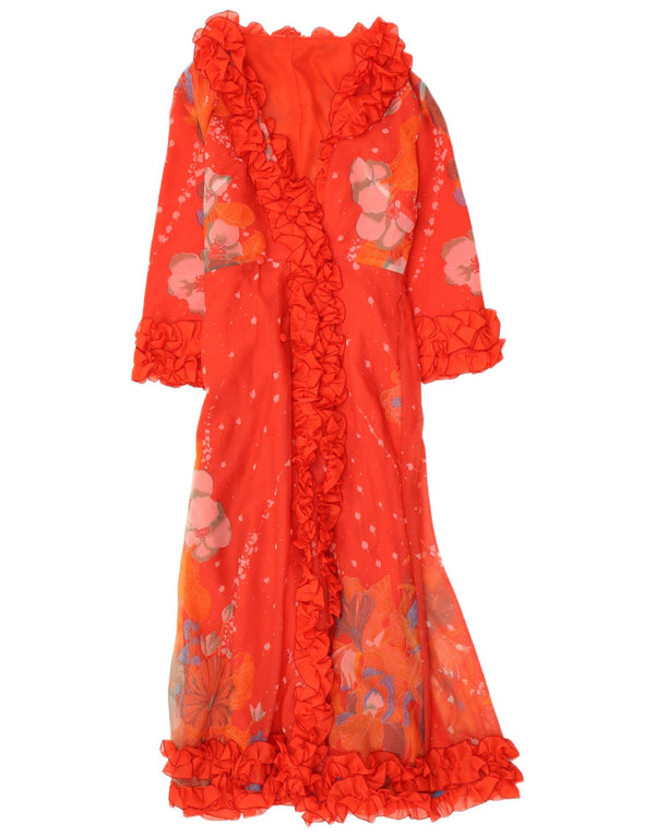 ВИНТАЖНОЕ женское платье макси с рюшами, Великобритания, 12, средний красный цвет с цветочным принтом