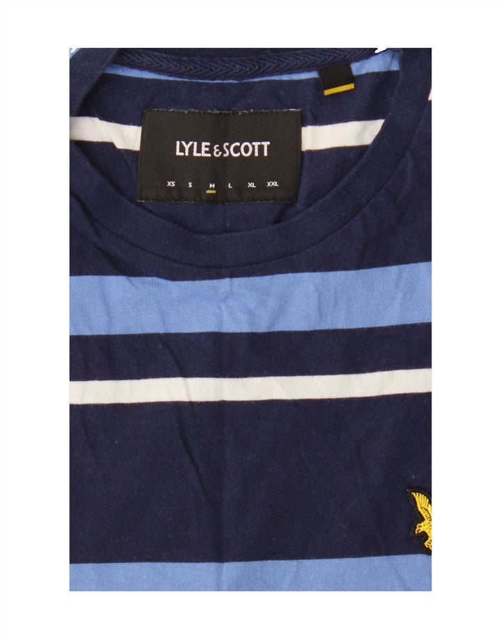 LYLE & SCOTT Mens T-Shirt Top Medium Navy Blue Striped Cotton Vintage Lyle & Scott and Second-Hand Lyle & Scott from Messina Hembry 