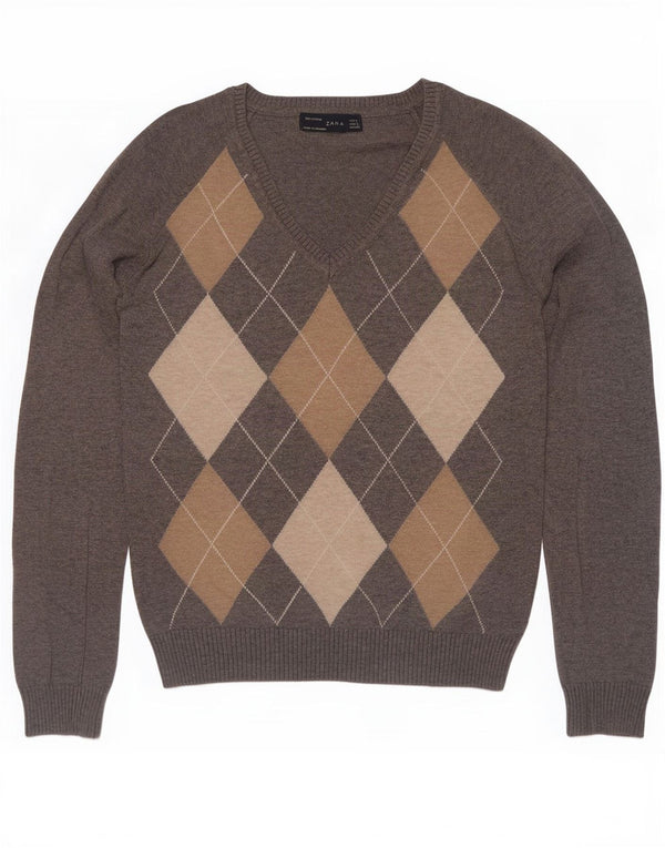Zara Womens Crop V-Neck Jumper Sweater UK 14 Large Grey Argyle/Diamond