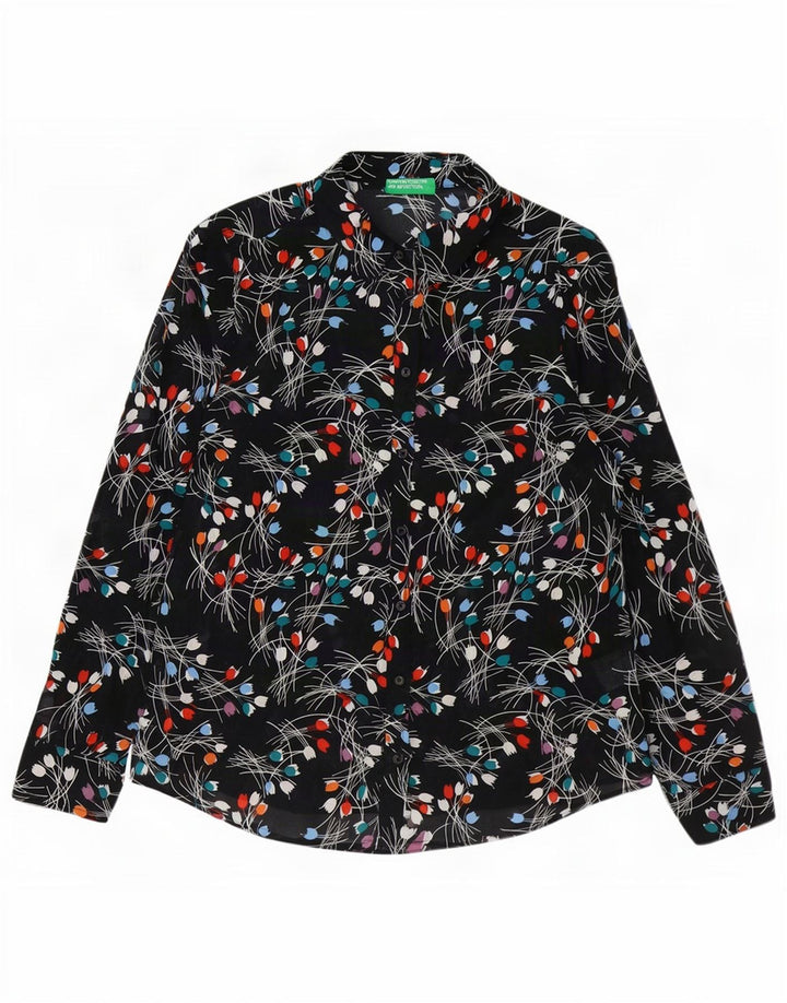 Женская рубашка Benetton UK 14, хлопковая, среднего размера, черная с цветочным принтом