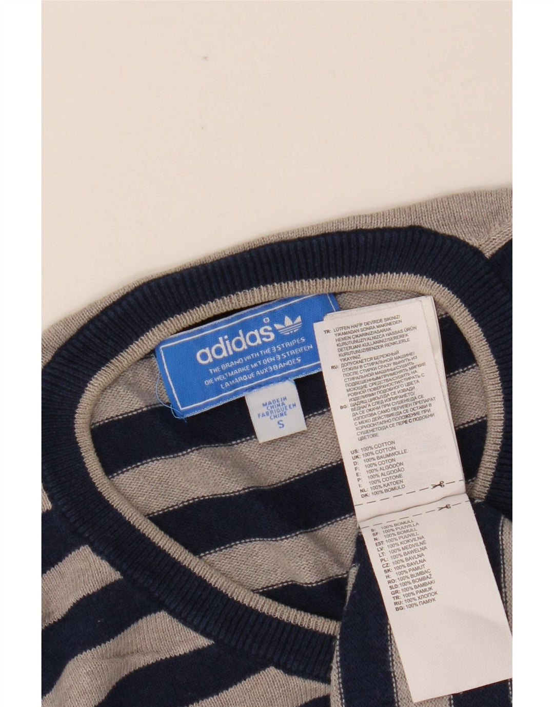 Мужской джемпер ADIDAS с v-образным вырезом, маленький хлопковый темно-синий полосатый свитер