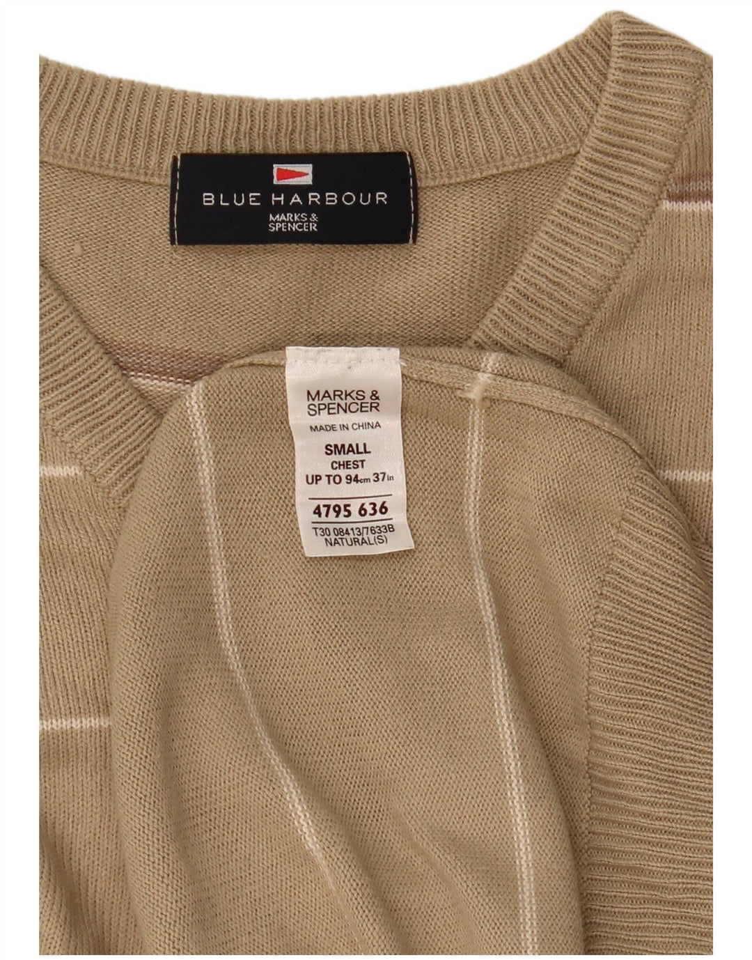 Мужской джемпер с v-образным вырезом Marks & Spencer Blue Harbour, маленький бежевый в полоску