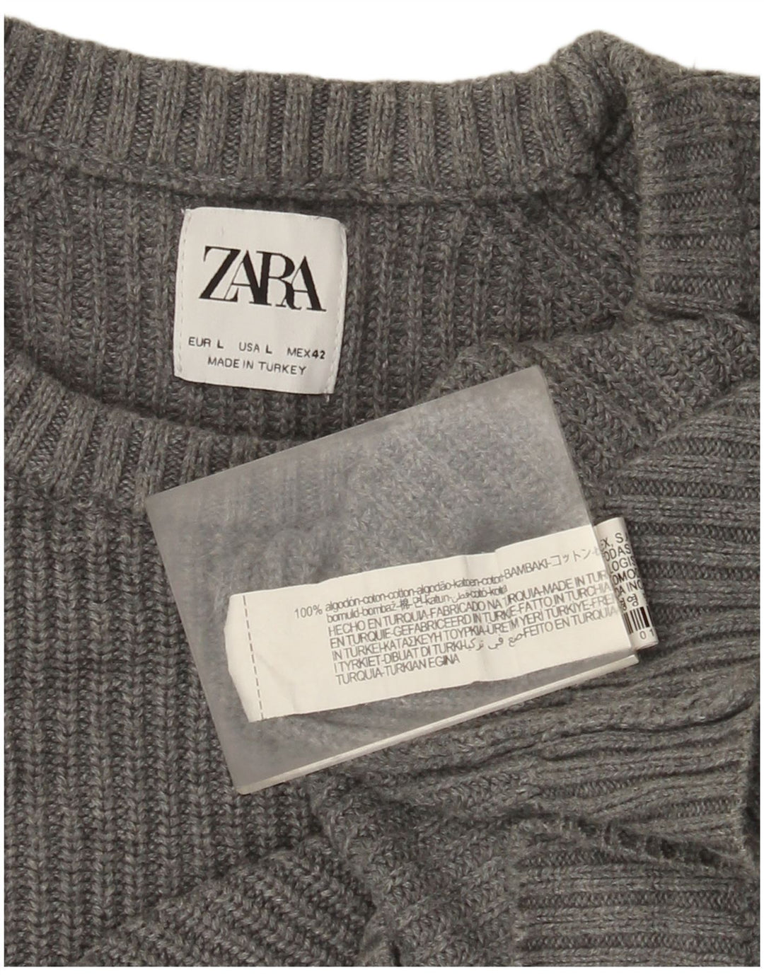 Мужской джемпер с круглым вырезом Zara, большой серый хлопковый свитер