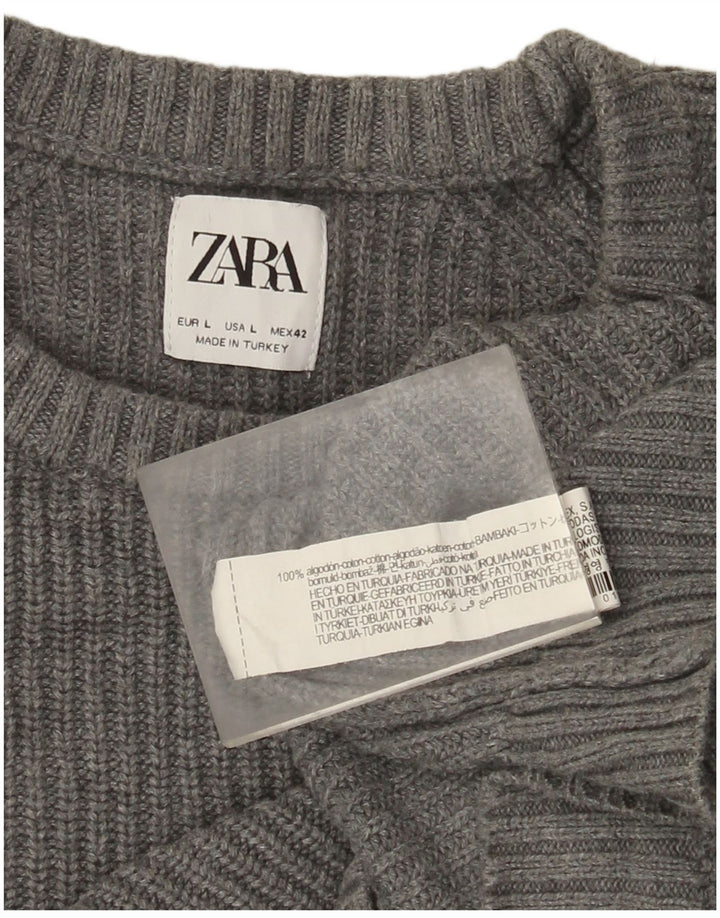 Мужской джемпер с круглым вырезом Zara, большой серый хлопковый свитер