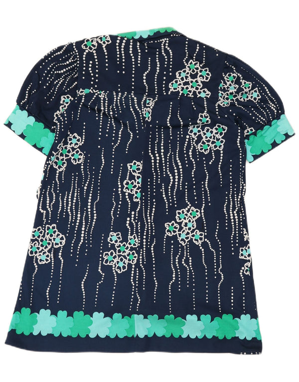 ВИНТАЖНОЕ женское платье-рубашка с короткими рукавами, Великобритания 14, большой темно-синий цветочный принт