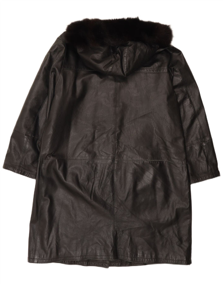 Винтажное женское кожаное пальто с капюшоном IT 48 XL, черное