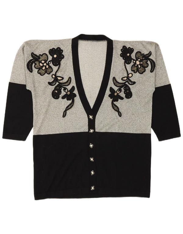 Винтажный женский кардиган с графическим рисунком, Великобритания, 18 XL, черный цветочный принт