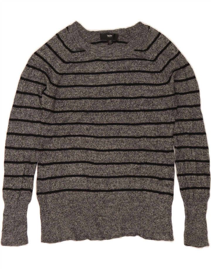 MOSSIMO Womens Boat Neck Jumper Sweater UK 12 Medium Grey Striped Nylon Vintage Mossimo and Second-Hand Mossimo from Messina Hembry 