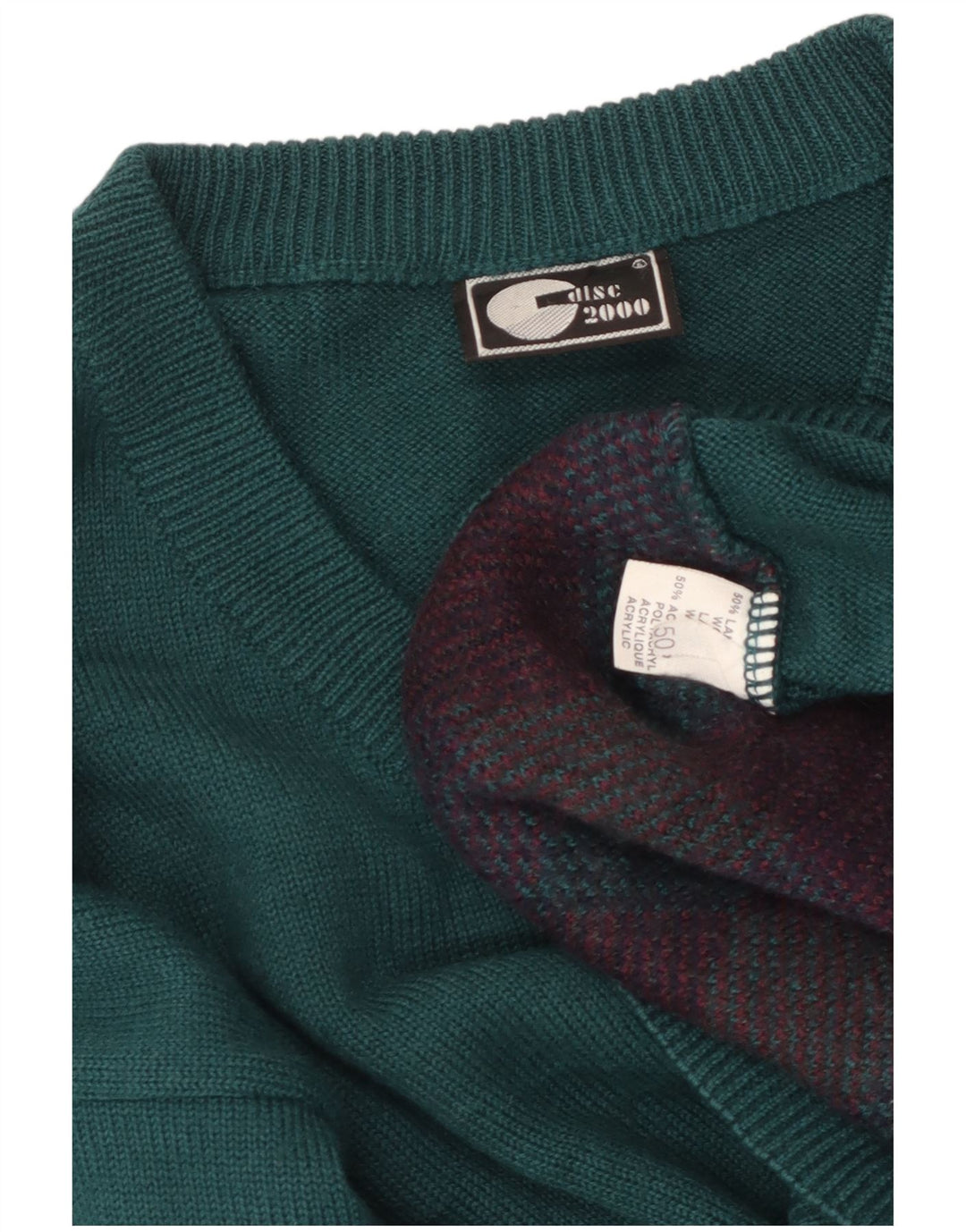 Винтажный женский джемпер с v-образным вырезом IT 50 XL, зеленая шерсть с узором аргайл/ромб