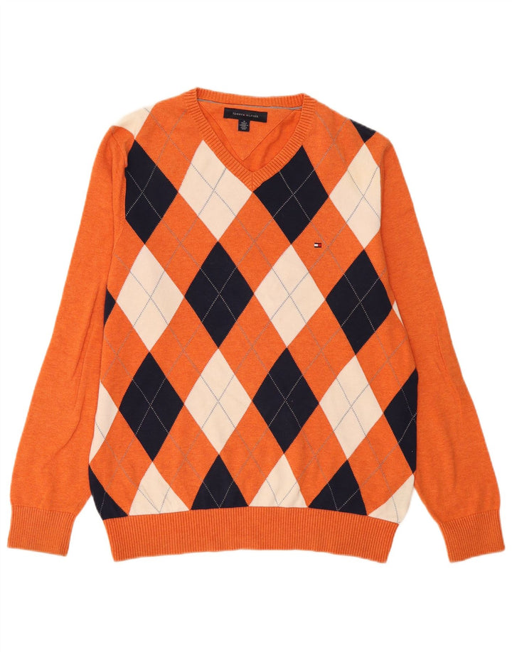 Tommy Hilfiger Мужской джемпер с v-образным вырезом, средний оранжевый Argyle/Diamond