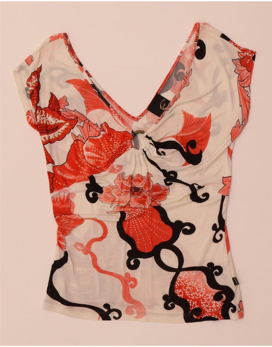 Женская блузка Just Cavalli Top UK 14, большой размер, эластан с белым цветочным принтом