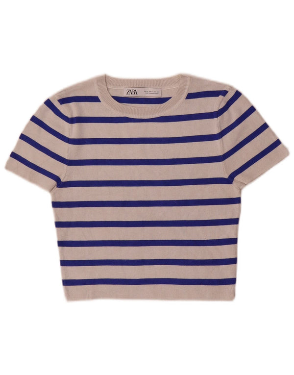Zara Womens Crop Boat Neck Jumper Sweater UK 12 Medium White Striped