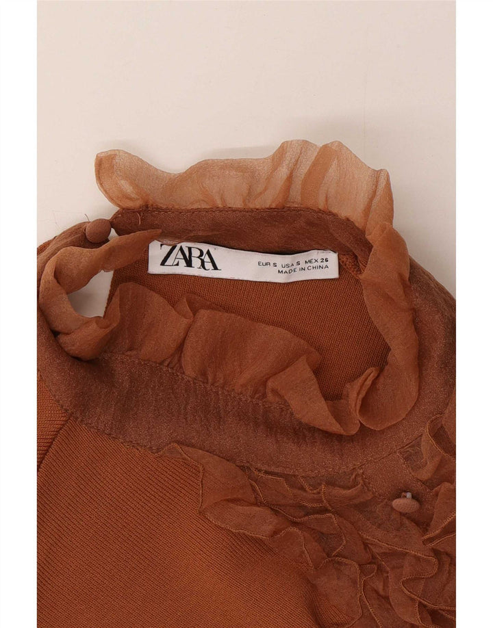 Женская блузка с оборками спереди Zara, Великобритания, 8, маленький, коричневый, нейлон