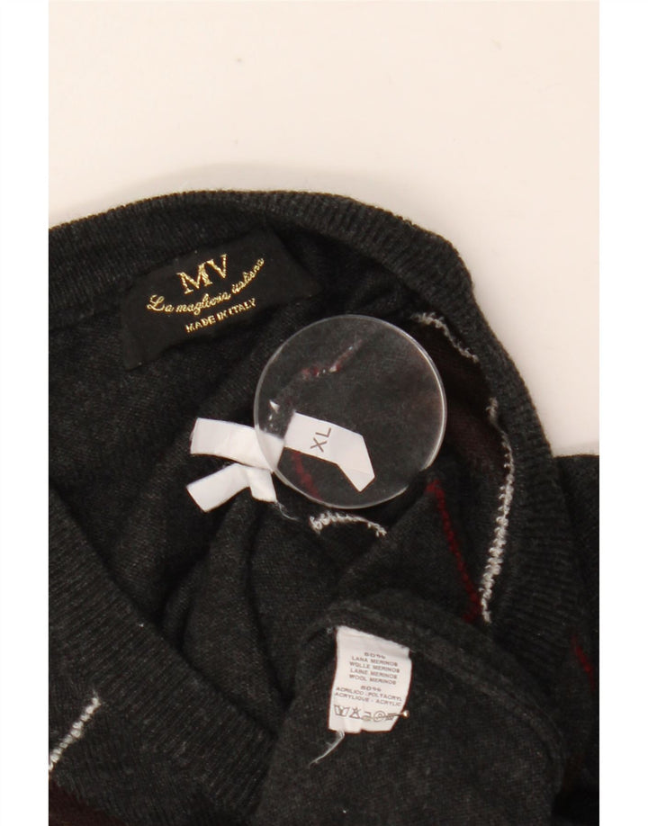 Винтажный мужской джемпер с v-образным вырезом XL, серый цвет Argyle/Diamond Wool