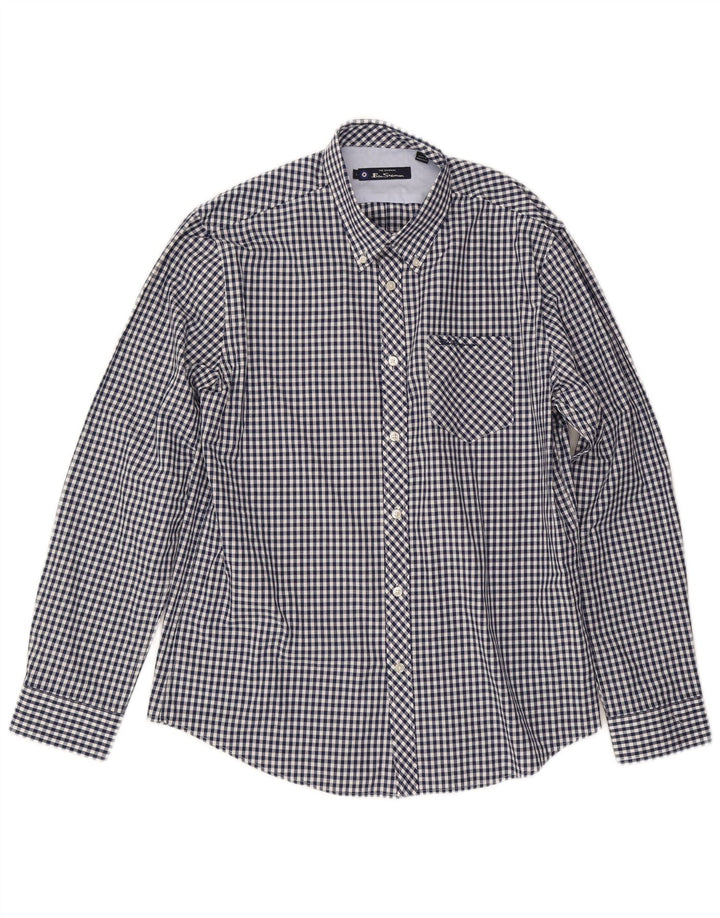 BEN SHERMAN Mens Shirt Large Navy Blue Gingham Cotton Classic