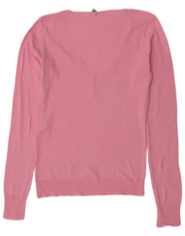 Женский джемпер с v-образным вырезом BENETTON UK 12, хлопок среднего розового цвета