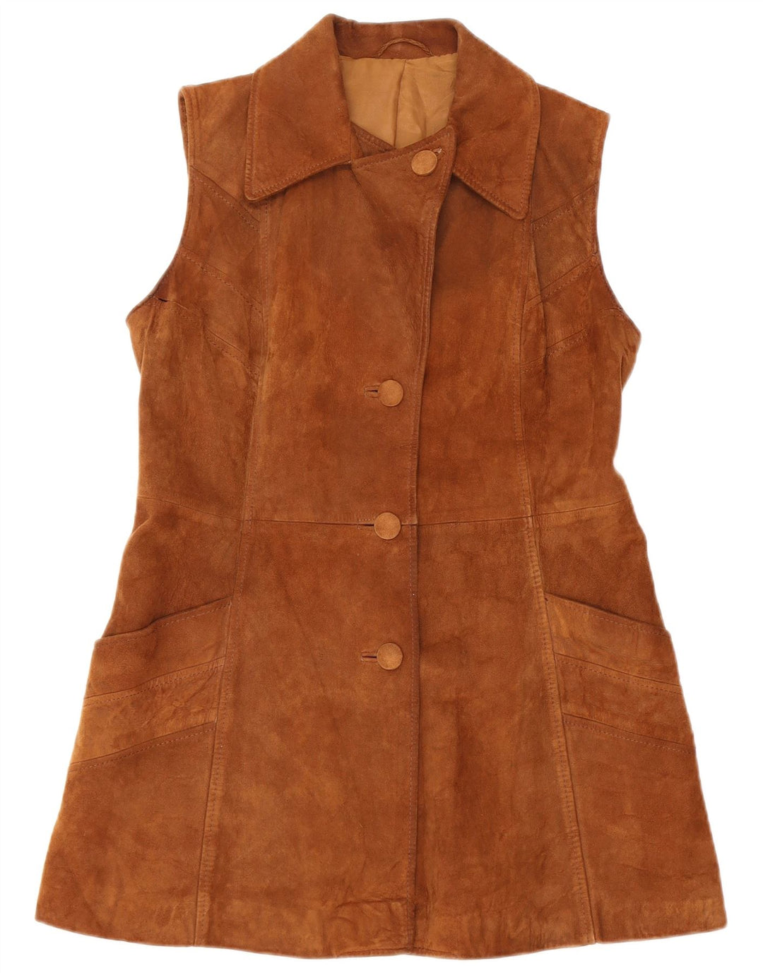 Винтажное женское замшевое пальто без рукавов IT 46, большое коричневое кожаное