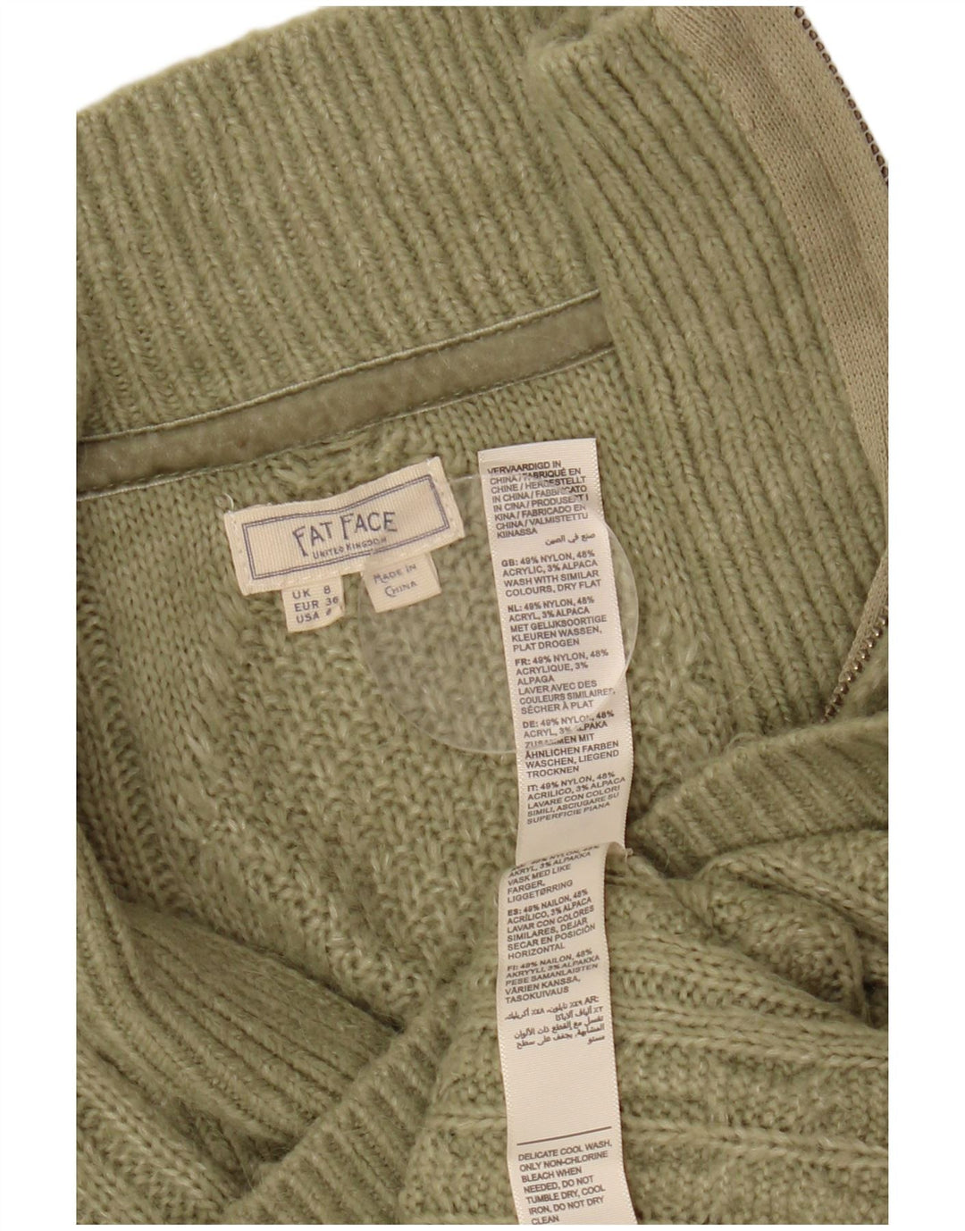 Женский джемпер с воротником на молнии FAT FACE, Великобритания, 8, маленький, хаки, узор Argyle/Diamond