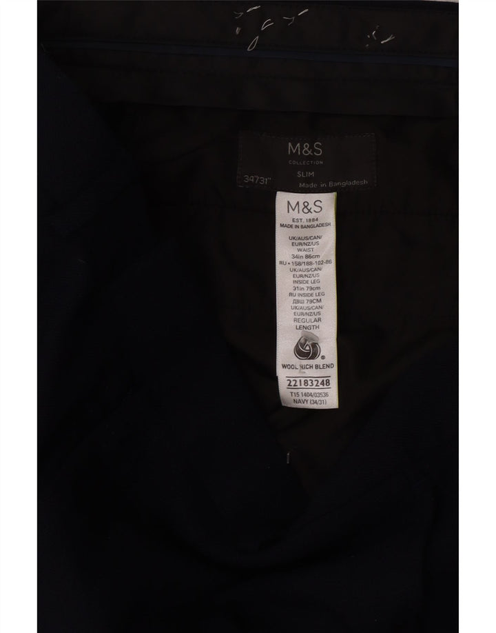 Мужские узкие брюки Marks & Spencer W34 L31 темно-синие шерстяные