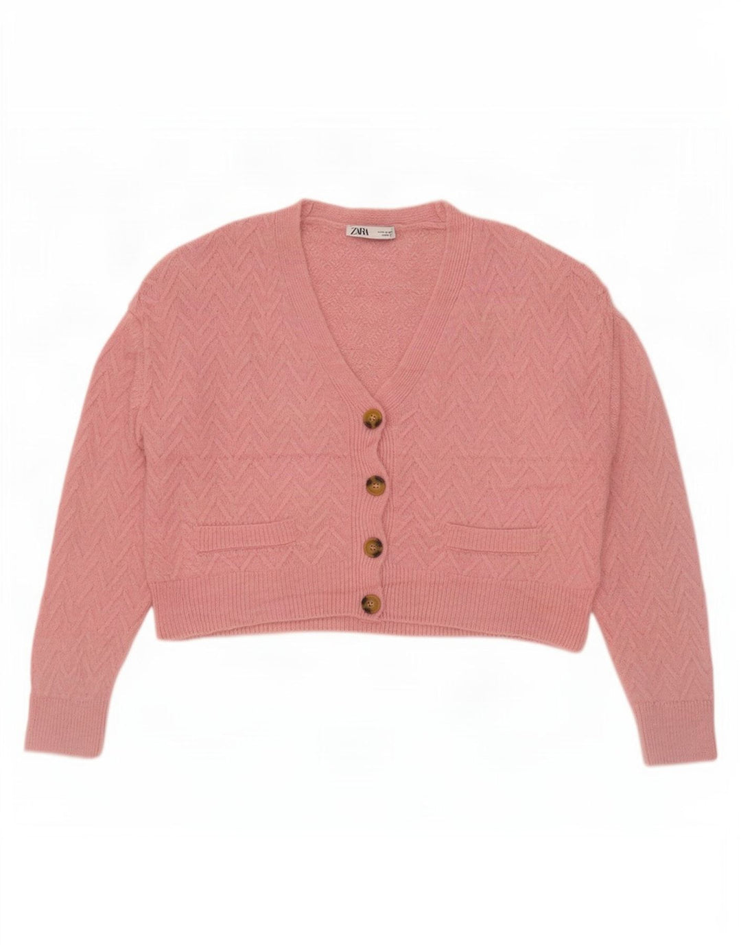 Женский укороченный кардиган оверсайз Zara UK 14, средний розовый с шевроном