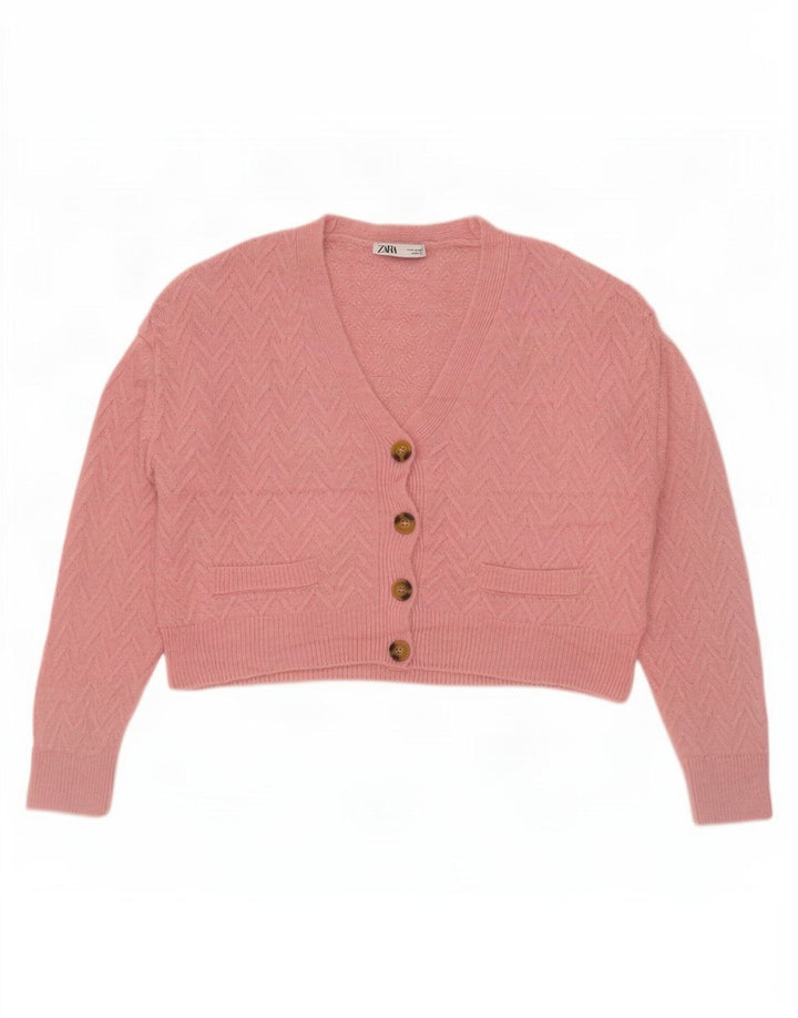 Женский укороченный кардиган оверсайз Zara UK 14, средний розовый с шевроном