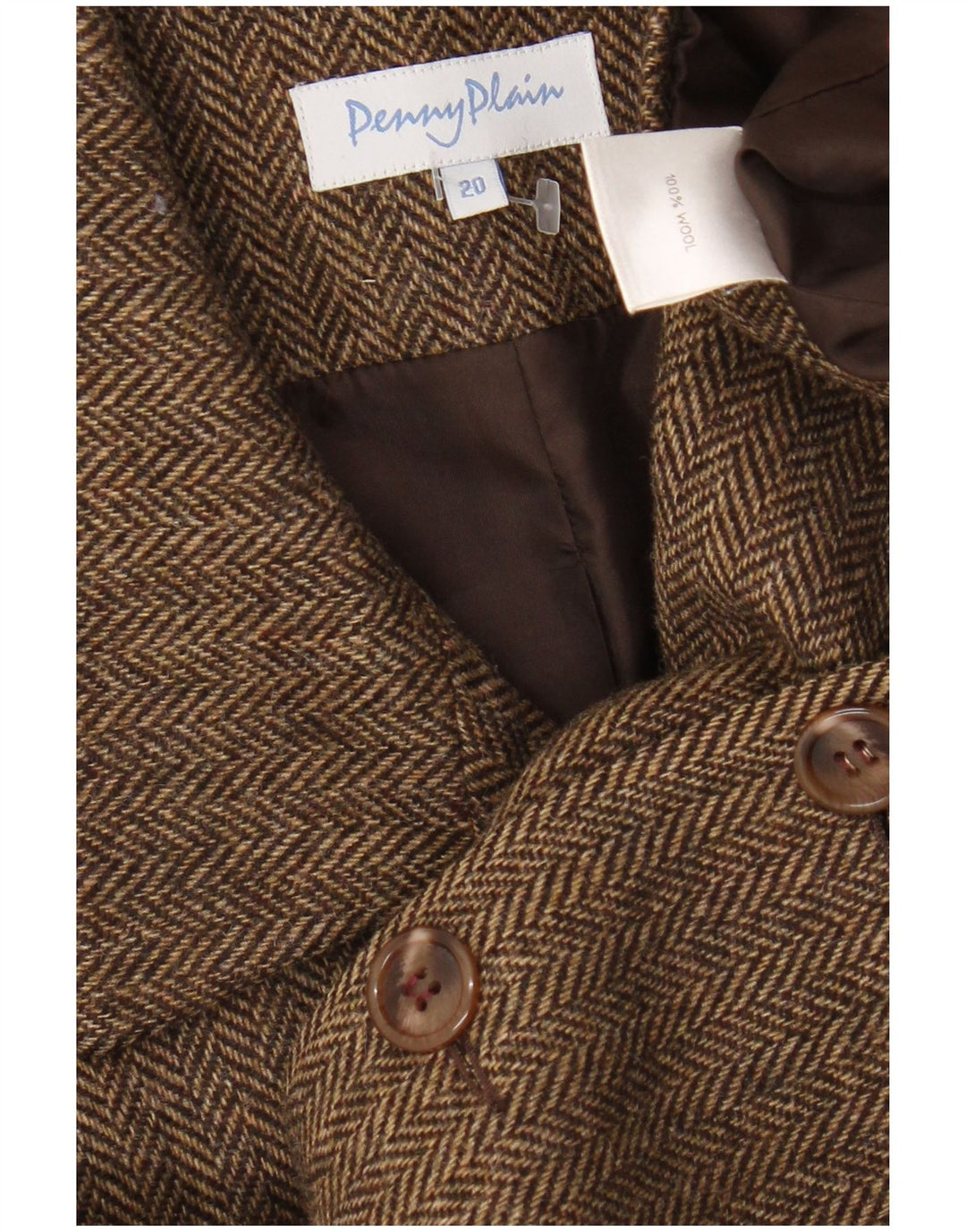 Женский однотонный пиджак Penny на 4 пуговицах, Великобритания 20 2XL, коричневый шерстяной узор с узором «елочка»