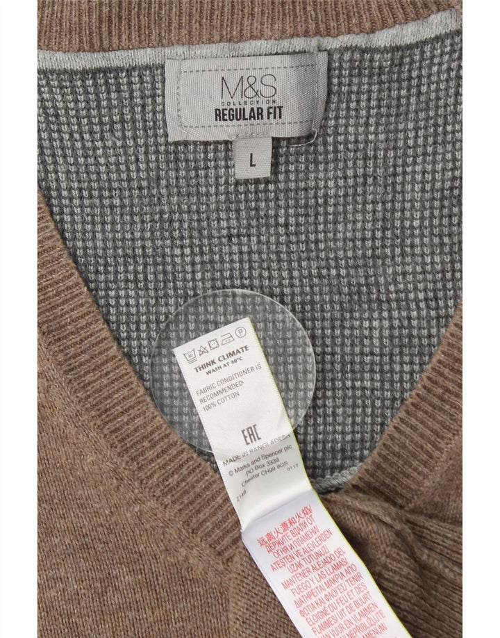 Мужской джемпер обычного кроя MARKS & SPENCER с v-образным вырезом, большой коричневый хлопковый свитер