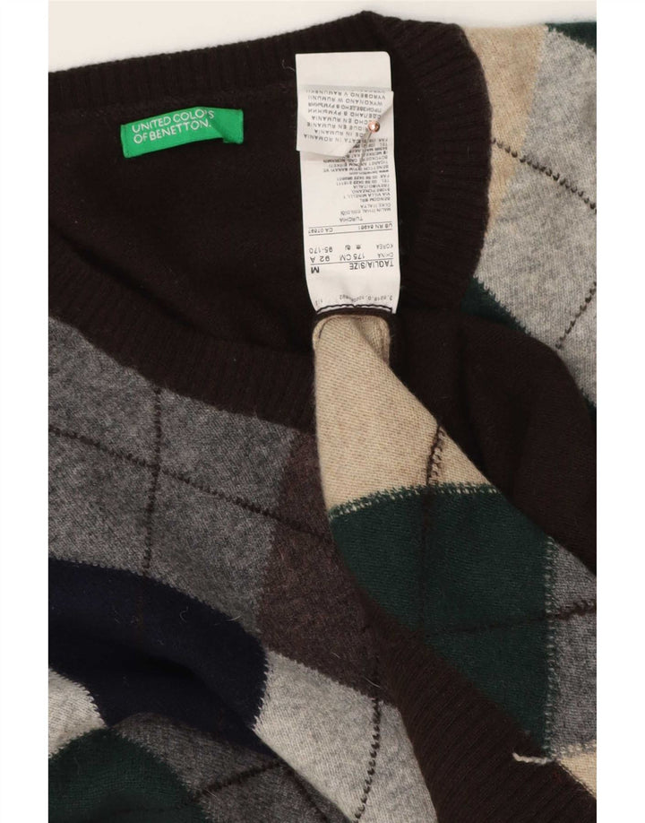 Мужской джемпер Benetton с v-образным вырезом, средний коричневый цвет с узором аргайл/ромб, шерсть