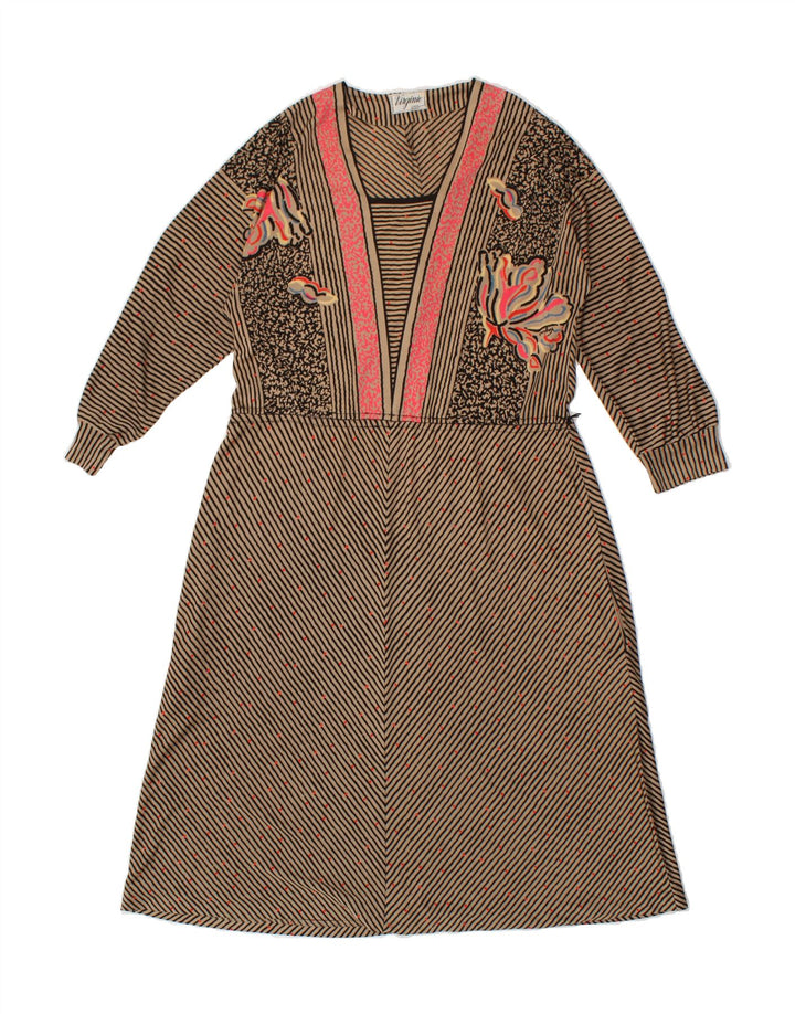 VIRGINIE Womens 3/4 Sleeve Basic Dress UK 12 Medium Brown Striped Vintage Virginie and Second-Hand Virginie from Messina Hembry 