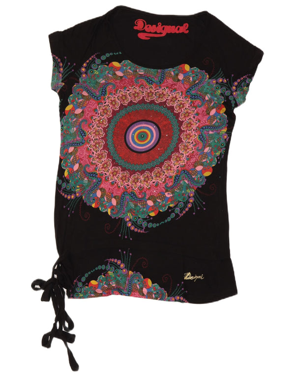 Женская футболка с рисунком Desigual Top UK 14, большая черная с цветочным принтом