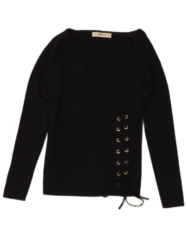 Женский джемпер ZARA с рукавом 3/4 и v-образным вырезом, UK 10, маленький, черный, вискоза