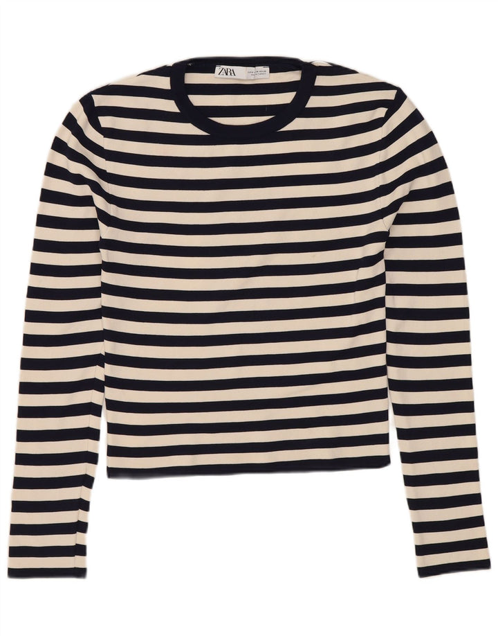 Женский укороченный топ ZARA с длинным рукавом UK 12, средний темно-синий в полоску, полиамид