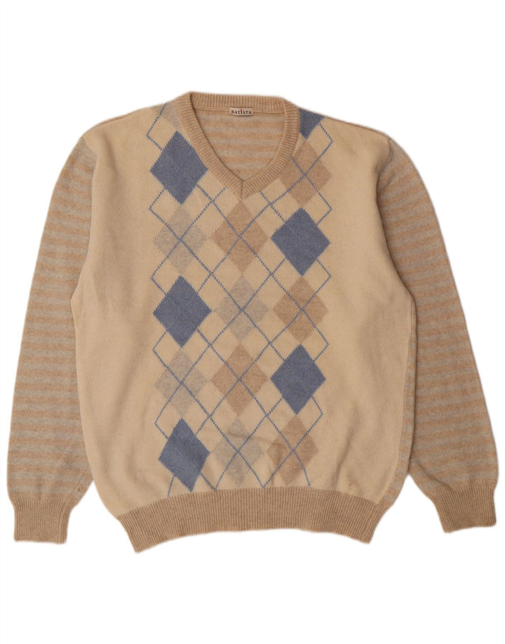 Винтажный мужской джемпер с v-образным вырезом, 2XL, бежевый с узором аргайл/ромб, овечья шерсть