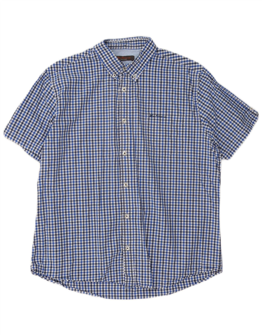 Мужская рубашка с коротким рукавом Ben Sherman XL, синяя, хлопок в мелкую клетку
