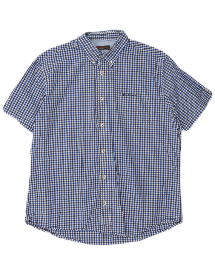 Мужская рубашка с коротким рукавом Ben Sherman XL, синяя, хлопок в мелкую клетку